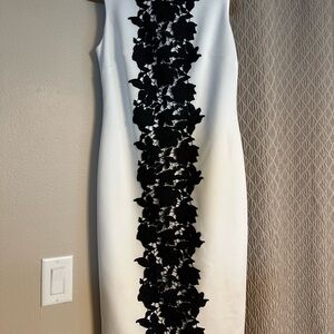 Calvin Klein Black Floral on White Midi Dress